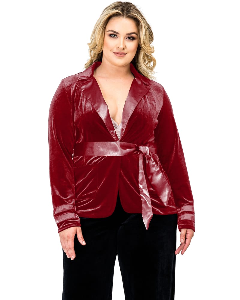 Front of a model wearing a size XL Women's Velvet Satin Belt Wrap Smoking Jacket in Deep Red by Standards & Practices. | dia_product_style_image_id:280778